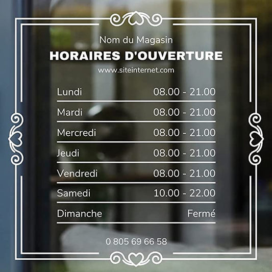 Autocollant sticker horaires vitrine magasin personnalisé - Design 3