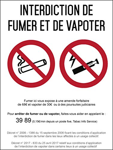 Autocollant vinyl - Interdiction interdit de fumer et vapoter - L.148 x H.210 mm