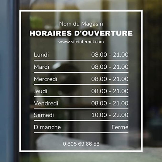 Autocollant sticker horaires vitrine magasin personnalisé - Design 1