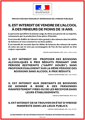 Autocollant vinyl - ALCOOL - PROTECTION DES MINEURS ET RÉPRESSION DE L'IVRESSE - Consommation sur place - L.300 x H.210