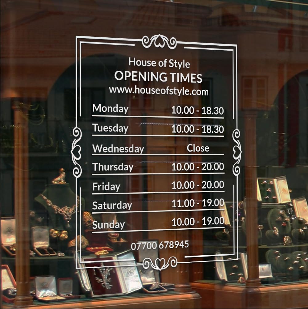 Autocollant sticker horaires vitrine magasin personnalisé - Design 3