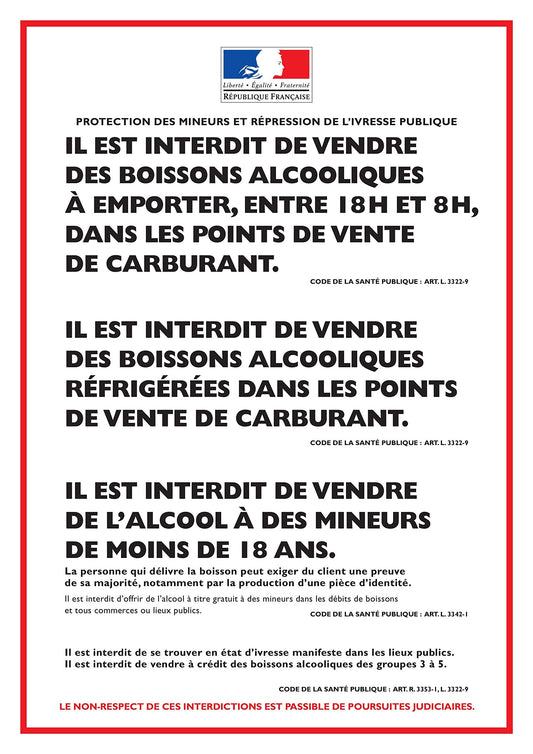 Autocollant vinyl - PROTECTION DES MINEURS ET RÉPRESSION DE L'IVRESSE PUBLIQUE - Station service - L.148 x H.210 mm