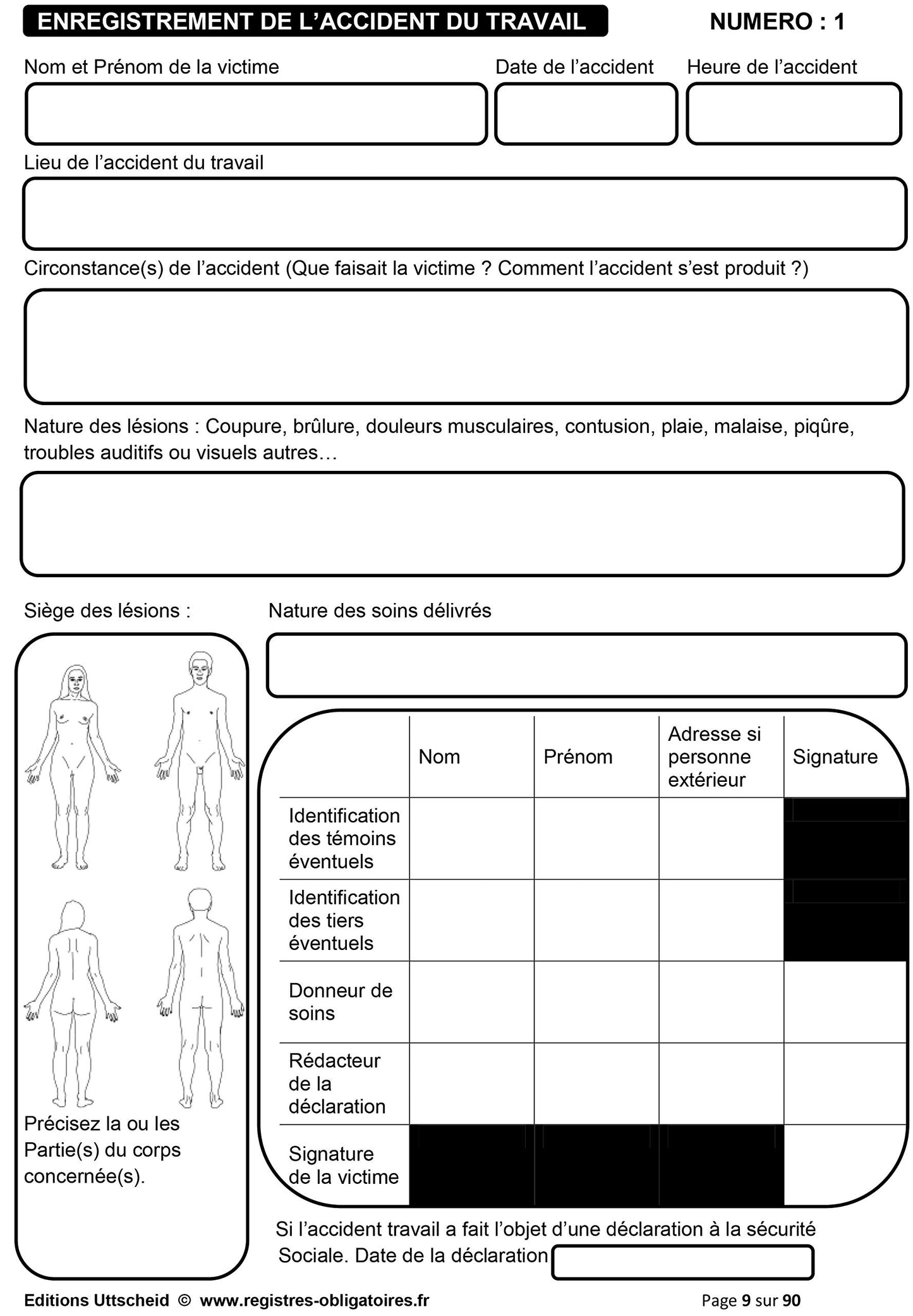 Registre des accidents du travail de 90 pages - Version 2025 - UTTSCHEID