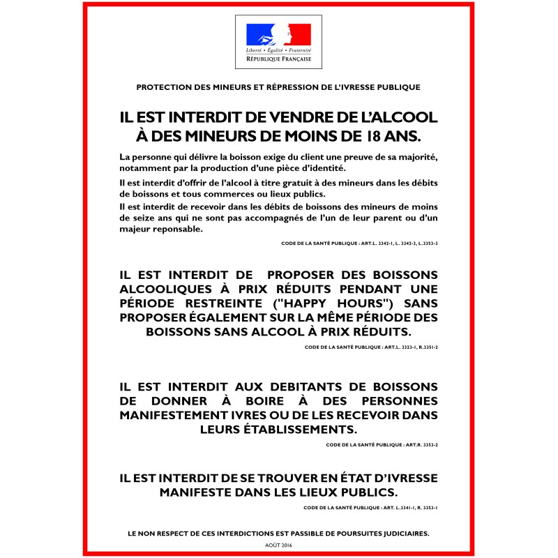 ALCOOL - PROTECTION DES MINEURS ET RÉPRESSION DE L'IVRESSE - Consommation sur place - Autocollant waterproof - L.300 x H.210