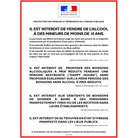 ALCOOL - PROTECTION DES MINEURS ET RÉPRESSION DE L'IVRESSE - Consommation sur place - Autocollant waterproof - L.300 x H.210