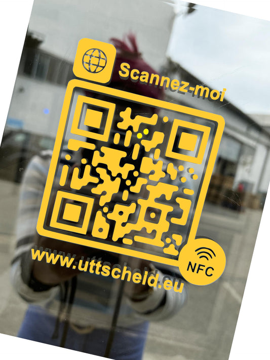 QR Code et NFC - Autocollant PVC hautes performances pour vitrine, véhicule, comptoir - Facebook - Instagram - Site internet - Tripadvisor... 10 cm x 10 cm - Doré (or)