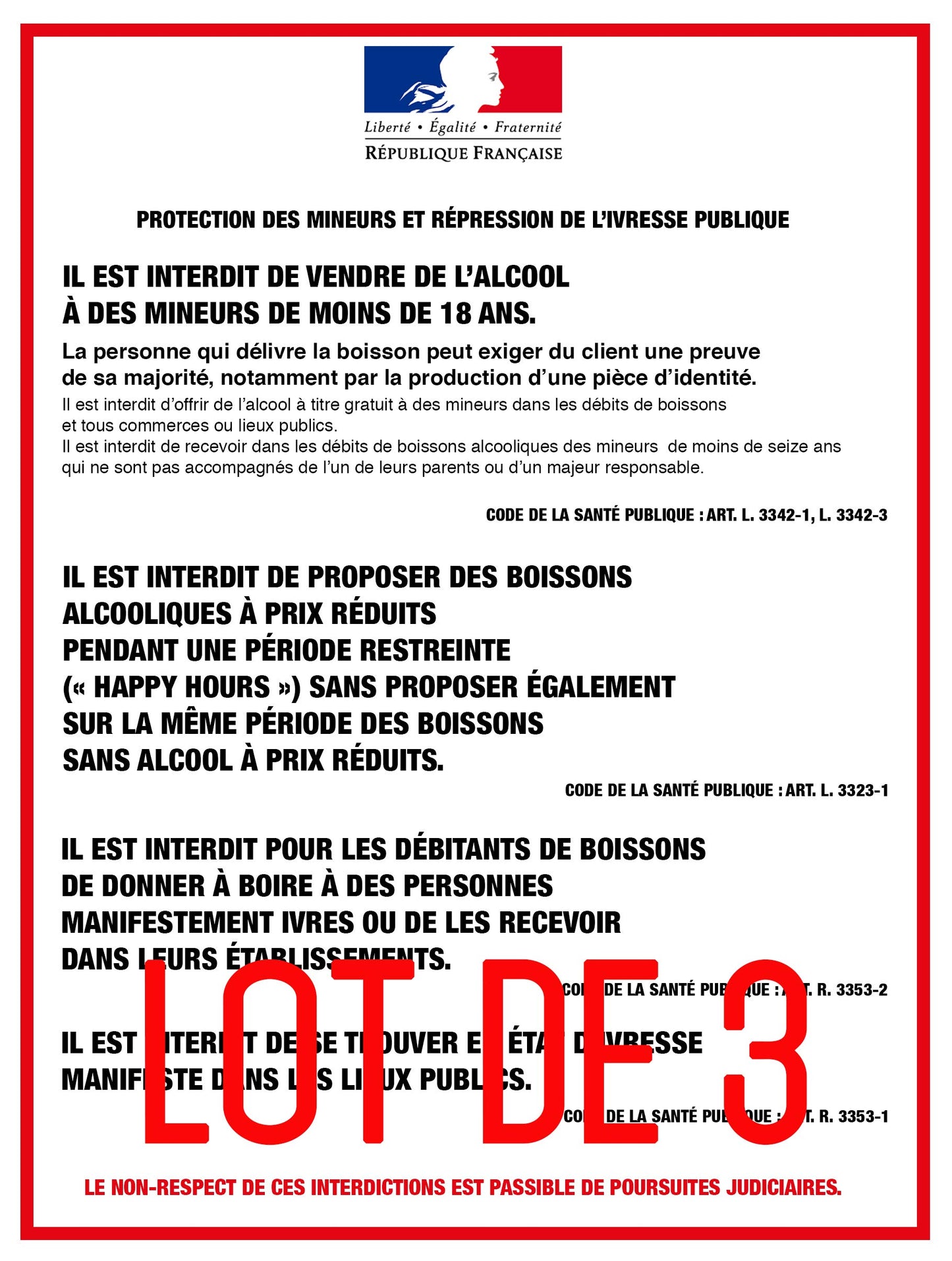Autocollant vinyl - ALCOOL - PROTECTION DES MINEURS ET RÉPRESSION DE L'IVRESSE - Consommation sur place - L.300 x H.210-3